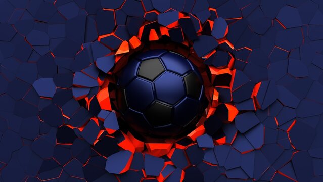 Blue-Black Soccer ball breaking with great force through blue-red wall under spot light background. 3D high quality rendering. 3D illustration. 3D CG.