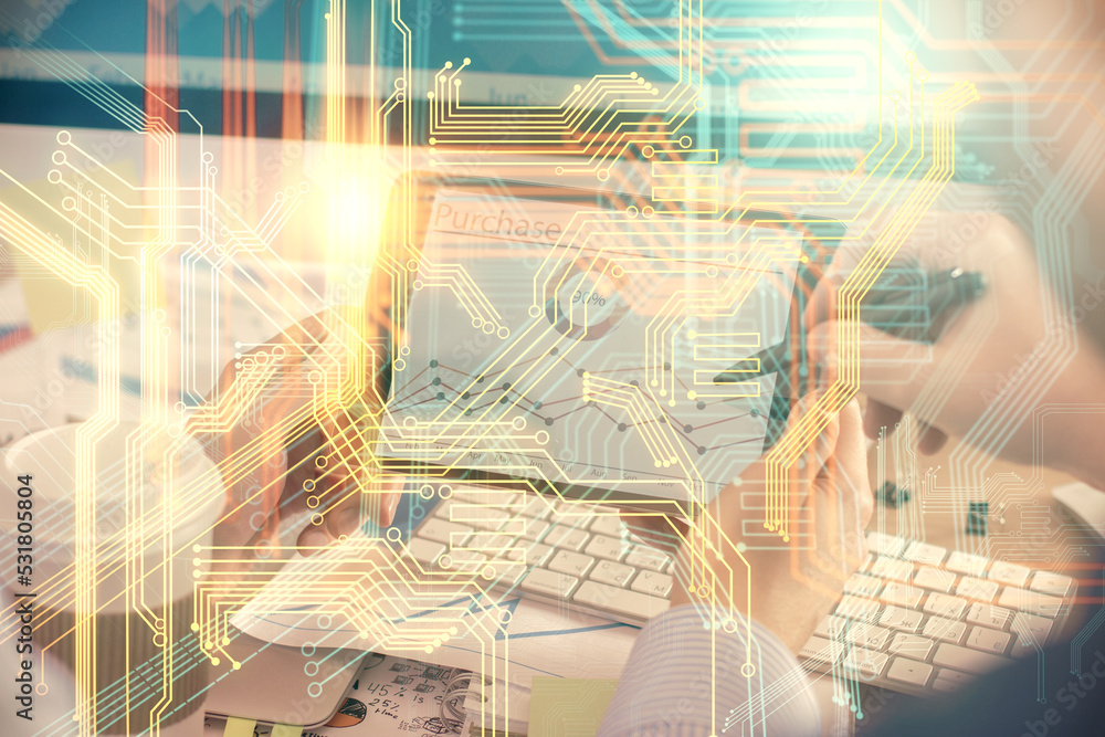 Poster Multi exposure of man's hands holding and using a digital device and map drawing. International business concept.