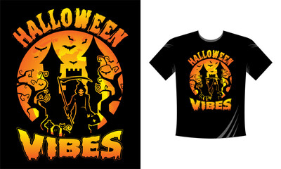 Halloween Vibes T-Shirt Design Template. Halloween T-Shirt with Pumpkin, Night, Moon, Witch, Mask. Night background T-Shirt for print.