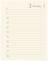 Vector daily planner page with date, day of week and time. Notebook for keeping daily notes. Notepad to record business and meetings, plans, results and other activities of person or company