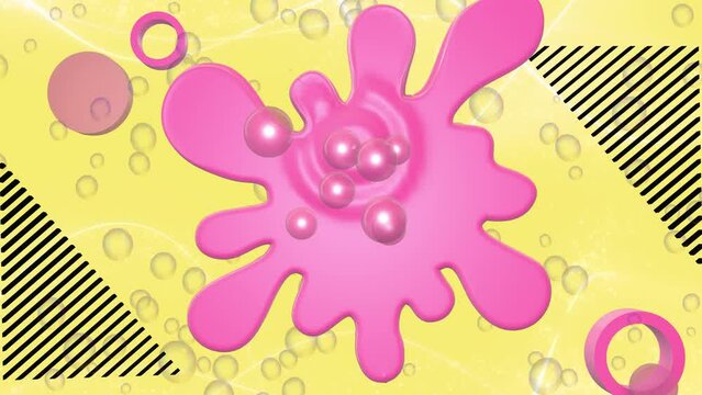 Yellow pastel background with pink bubble gum and bubbles. retro style. 3d animation in 4K