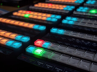 Concept Idea: Professional broadcast video mixer in tv studio as background
