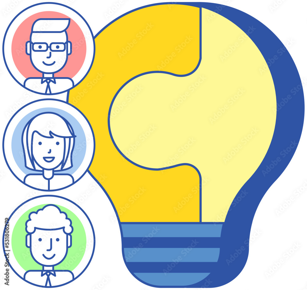 Aufkleber people create idea of new project, planning startup, searching for solution, brainstorming. happy ch