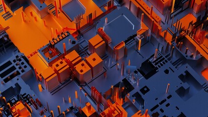 Fototapeta premium Orange-blue futuristic circuit technology under black-white background. Concept 3D CG of hi-tech digital data connection system, computer electronic design and Sci-Fi Landscape.