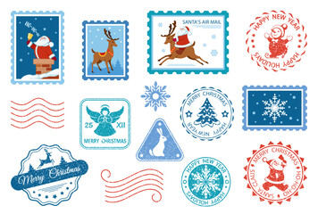 Merry Christmas stamp. Santa Claus postage stamps. Christmas mail. Set of different Christmas stamps. Santa's Air Mail. Isolation. Vector illustration - 531806612