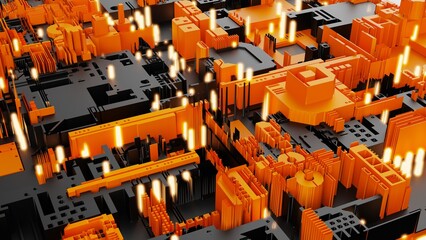 Black-orange futuristic circuit technology with orange LED point light. Concept 3D CG of hi-tech digital data connection system, computer electronic design and Sci-Fi Landscape.
