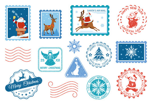 Merry Christmas stamp. Santa Claus postage stamps. Christmas mail. Set of different Christmas stamps. Santa's Air Mail. Isolation. Vector illustration