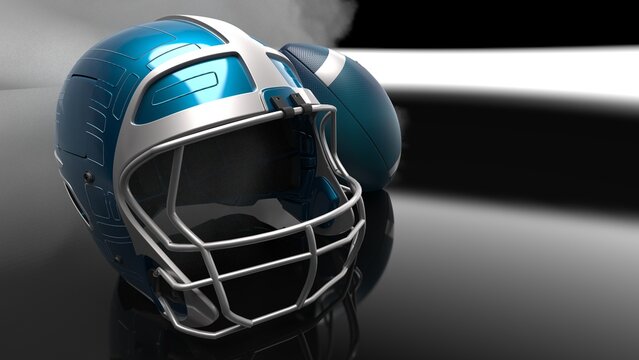 American football Blue-Silver helmet and Blue-Silver Ball under foggy black laser lighting. 3D illustration. 3D CG. 3D high quality rendering.