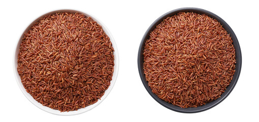 organic red rice in a ceramic plate isolated on white background top view.