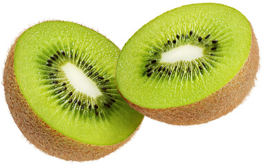 Halved kiwi fruit flying in the air isolated on white background with hairy clipping mask (alpha channel) for quick isolation. Full depth of field. - obrazy, fototapety, plakaty