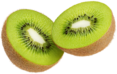 Halved kiwi fruit flying in the air isolated on white background with hairy clipping mask (alpha channel) for quick isolation. Full depth of field.