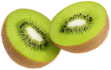  Halved kiwi fruit flying in the air isolated on white background with hairy clipping mask (alpha channel) for quick isolation. Full depth of field. © Roman Samokhin
