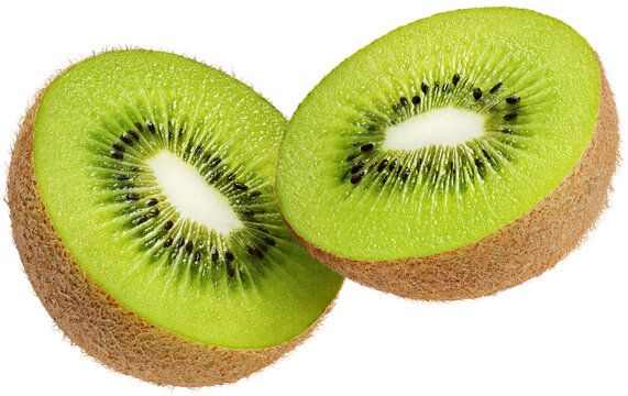 Halved kiwi fruit flying in the air isolated on white background with hairy clipping mask (alpha channel) for quick isolation. Full depth of field.