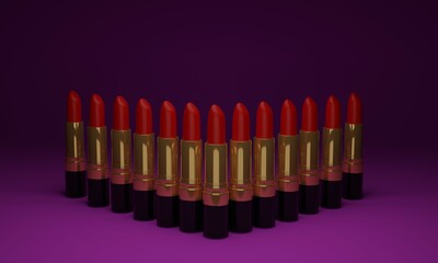 3d illustration, set of red lipstick, gold container, on a pink background, beauty concept, 3d rendering.