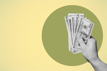 Arm rising dollar money on art background