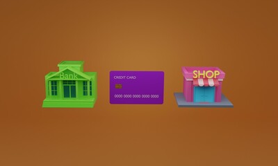 3d illustration, bank, credit card and shop, purchase concept, red background, 3d rendering