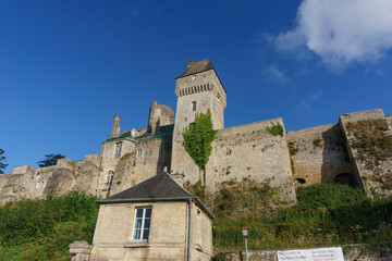 Chateau de Creully castle on a sunny summer evening with blue sky, Creully sur Seulles, Normandy,...
