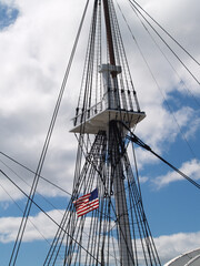 Mast Detail USS Constitution With Rigging Lines Blue Sky Clouds