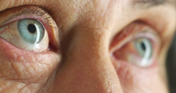 Vision, Eyes And Retirement With A Senior Woman At The Optometrist For An Eye Test Or Exam For Prescription Eyewear Or Contact Lenses. Closeup Of An Elderly Female Blinking, Looking And Seeing Indoor