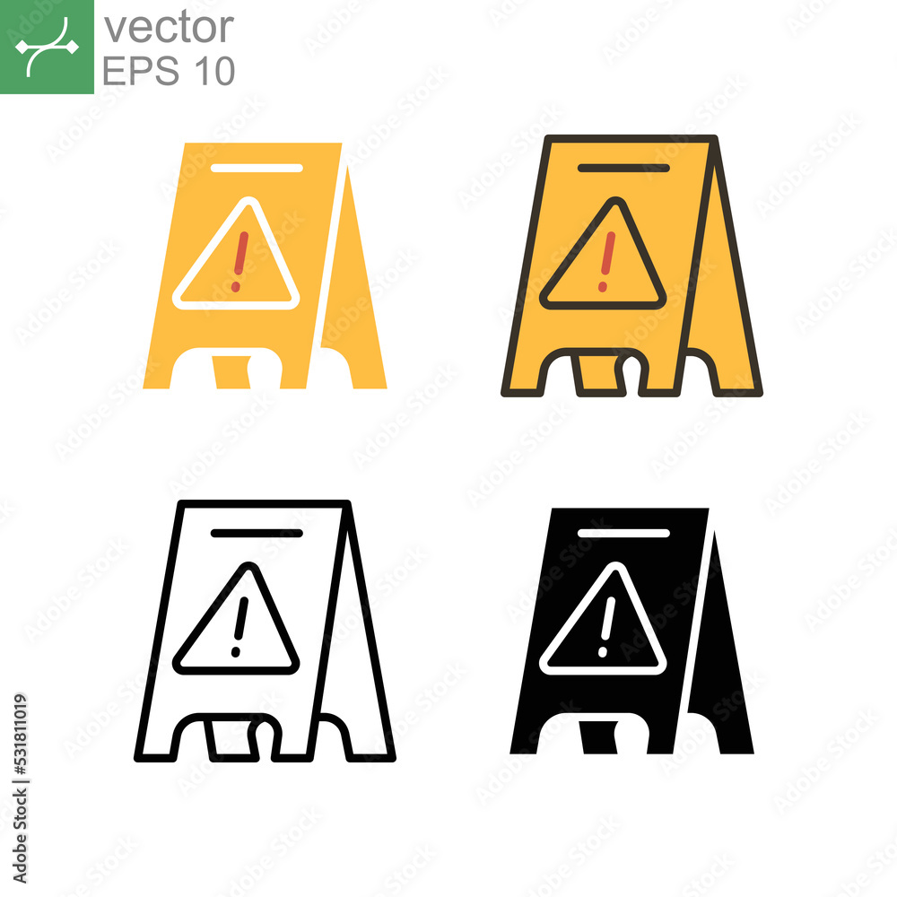 Poster yellow plastic slippery wet floor caution sign triangle with exclamation mark. cleaning floor elemen