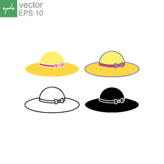 Yellow hat for sun protection headwear with ribbon. Woman summer hat, Girl sun cap for beach and summer vacation accessory icon. Vector illustration. Design on white background. EPS10