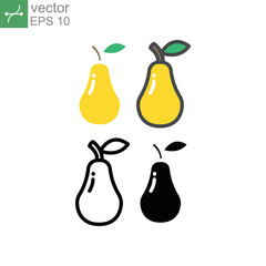 Ripe and fresh pear fruit with single leaf silhouette flat line color design for food apps and website. Organic Fruit, vegan, vegetarian icon. Vector illustration. Design on white background. EPS10