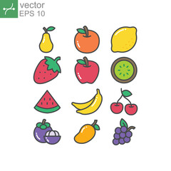 Set of Fruits, Tropical organic fruit fresh organic in colorful. Apple, mangosteen, cherry, pear, etc. Fruity icons set filled outline style Vector illustration Design white background EPS 10.