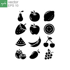 Fruits food, Tropical organic fruit, Juicy, fresh organic in line silhouette include banana, grape, mangosteen, etc, Fruity icons set, solid style Vector illustration. Design on white background EPS10