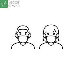 a man and woman wear a mask icon. People wearing protective surgical mask. Concepts of coronavirus outbreak. Covid-19 Notice Safety sign silhouette Vector illustration Design white background EPS10