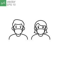 a man and woman wear a mask icon. People wearing protective surgical mask. Concepts of coronavirus quarantine fight. Covid-19 Notice Safety sign line Vector illustration Design white background EPS10