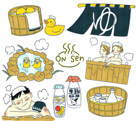 温泉イラスト　銭湯　温泉につかる男女セット