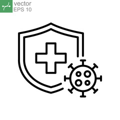 Immune from flu germ icon. Stop bacteria and viruses prohibition sign. Virus protection, hygiene shield, bacterial prevention. Thin line web symbol Vector illustration Design on white background EPS10
