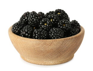 Bowl with fresh ripe blackberries isolated on white