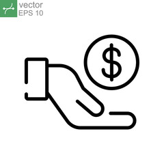 Save money icon, salary money, simple one hand holding dollar coin for donation, pay charity, payment investment. financial wealth Stroke line vector illustration design on white background EPS10