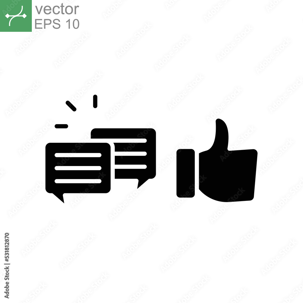 Poster likes with comment icon solid symbol. dialog chat and hand approve sign. social media communication 
