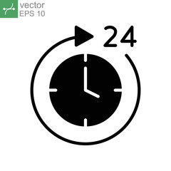 Time 24 hours icon. Twenty hour full open service operation. Free dial all day. online support. clock, Deadline symbol. Passage of time. Solid Vector illustration. Design on white background. EPS10
