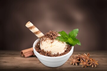 Traditional tasty ice cream dessert in a bowl.
