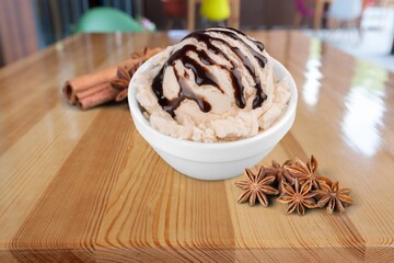 Traditional tasty ice cream dessert in a bowl.