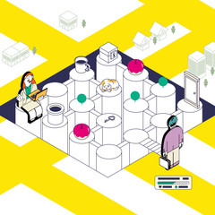 アイソメトリック、案内する女性と迷路に挑戦する後ろ姿の男性
