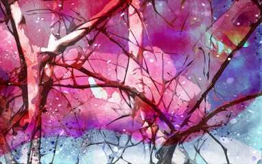 Fall-winter landscape abstract digital illustration. Dry trees in autumn colors.