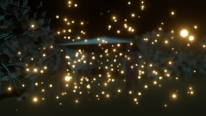 Spreading of gold flying firefly dot in a garden at a night (3D Rendering)
