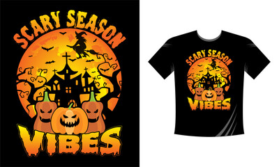 Scary Season Vibes T-Shirt Design Template. Halloween T-Shirt with Pumpkin, Night, Moon, Witch, Mask. Night background T-Shirt for print.