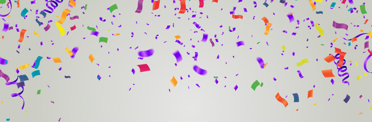 Grand opening ceremony with confetti, for Retail, Shopping or Black Friday Promotion in style summer festival background with colorful air balloons and garlands.