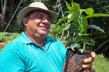 Happy and smiley farmer hold a coffee plant on his hands