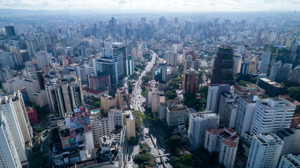 Aerial view of Av. Paulista in São Paulo, SP. Main avenue of the capital. Commercial and residential buildings. Aerial view of the great city of São Paulo.