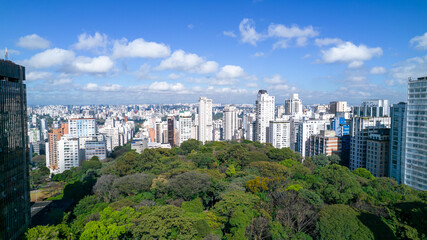 Obraz premium Aerial view of Av. Paulista in São Paulo, SP. Main avenue of the capital. Commercial and residential buildings. Aerial view of the great city of São Paulo.