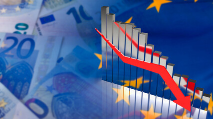 The business chart arrow down on EURO flag background  3d rendering