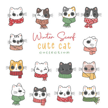cute winter cat doodle cartoon clip art collection, illustration vector animal hand drawing