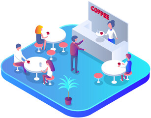 Cozy and relaxing coffee shop with people sit at tables. Customers inside modern cafe. Men and women resting in cafeteria. Friends meeting in coffeehouse. Colleague lunch break. Family in restaurant