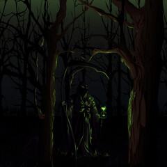 the grim reaper in a dark forest